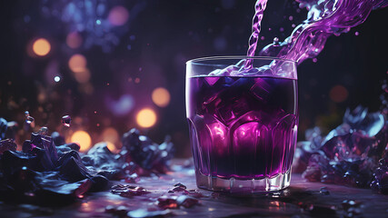 vibrant glowing purple drink, in the style of a product hero shot in motion, dynamic magazine ad image, photorealism, sleep and mystical elements around the background