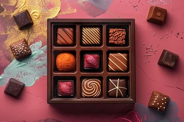 A box of chocolates sits on a pink table