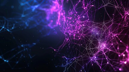 A digital canvas illuminated by a network of glowing purple and blue lines creating a deep space plexus effect on a black background with a designated space for text in the lower right corner
