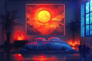 A cozy bedroom with a large bed, a painting of a moonlit forest, and two nightstands with lamps