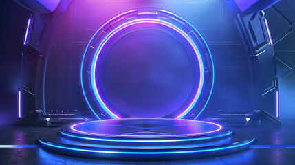round podium with futuristic science spaceship laboratory background with blue neon theme for display product