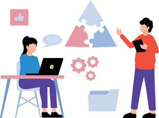 Boy and girl solving business puzzle.