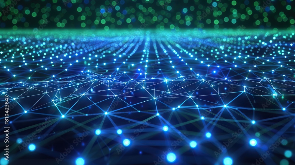 Poster A digital landscape of glowing blue and green neon dots connected by thin luminous lines forming a dense network across a dark background creating a plexus effect with ample space for text