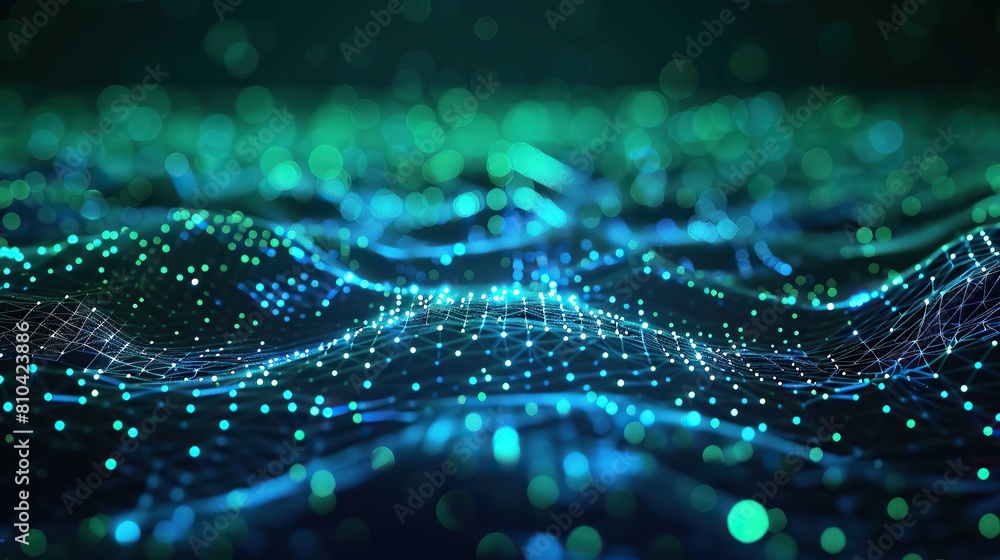 Poster a digital landscape of interconnected neon blue and green dots creating a high-energy network on a d