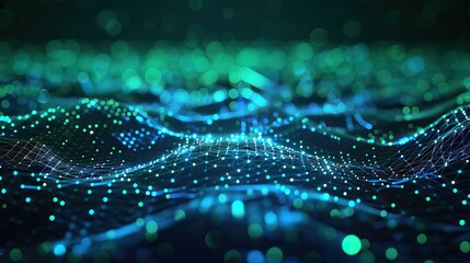 A digital landscape of interconnected neon blue and green dots creating a high-energy network on a dark background optimized for displaying text in a central area