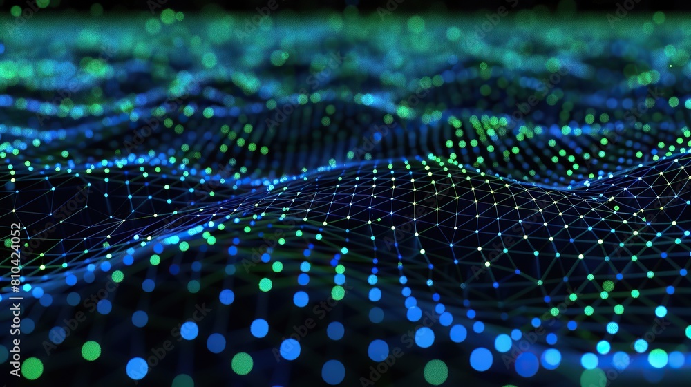 Fototapete a digital landscape of interconnected neon blue and green dots creating a high-energy network on a d