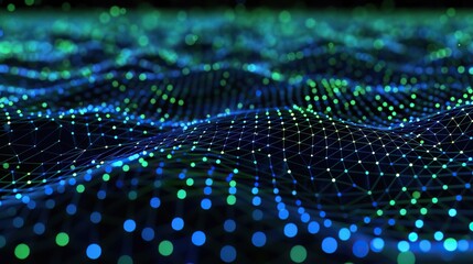 A digital landscape of interconnected neon blue and green dots creating a high-energy network on a dark background optimized for displaying text in a central area