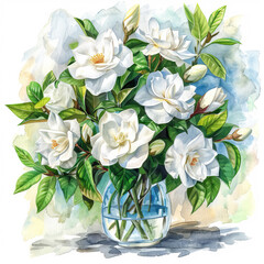 Elegant watercolor painting of white gardenia flowers arranged in a clear glass vase.