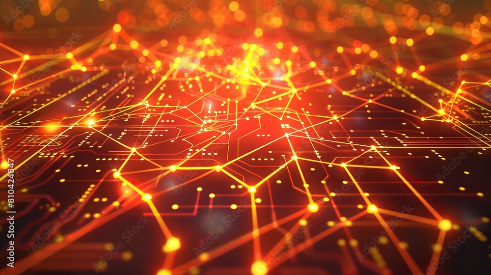 Aufkleber a digital network of bright orange and yellow connections resembling a high-tech circuit board on a 