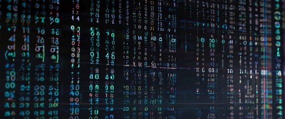An abstract digital background with binary code and AI algorithms running in the background