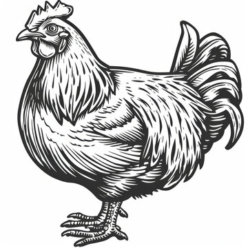 recommend clip art: Artistic black and white illustration of a chicken, showcasing detailed feathers and a classic pose.