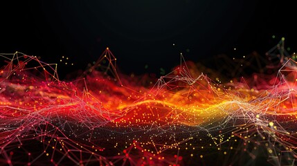 A dynamic and colorful backdrop featuring a plexus of red orange and yellow connections on a black background including a broad open area at the top for text