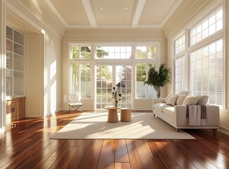 Beige living room with cherry wood floors and large windows stock photo contest winner