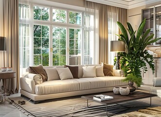 Beige sofa and armchair in a modern living room with a coffee table