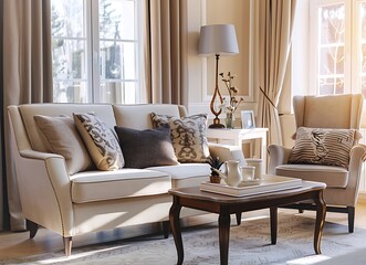Beige sofa and armchair in a modern living room with a coffee table