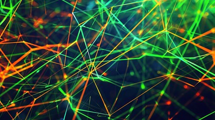Obraz premium A dynamic and colorful plexus of neon green and orange lines on a dark canvas specifically arranged to leave ample room for text in the upper third of the image ensuring clarity and impact