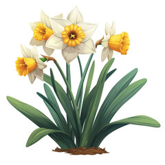 Digital illustration of a cluster of daffodils with vibrant yellow flowers and green leaves, representing spring.