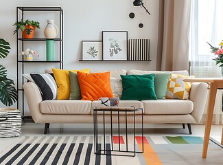 Beige sofa with colorful pillows in a bright living room interior near a black metal shelf and a wooden dining table on a striped rug - Powered by Adobe
