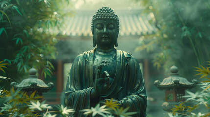Buddha Statue in Peaceful Garden: A serene image of a golden Buddha statue amidst lush greenery, emanating tranquility and spirituality