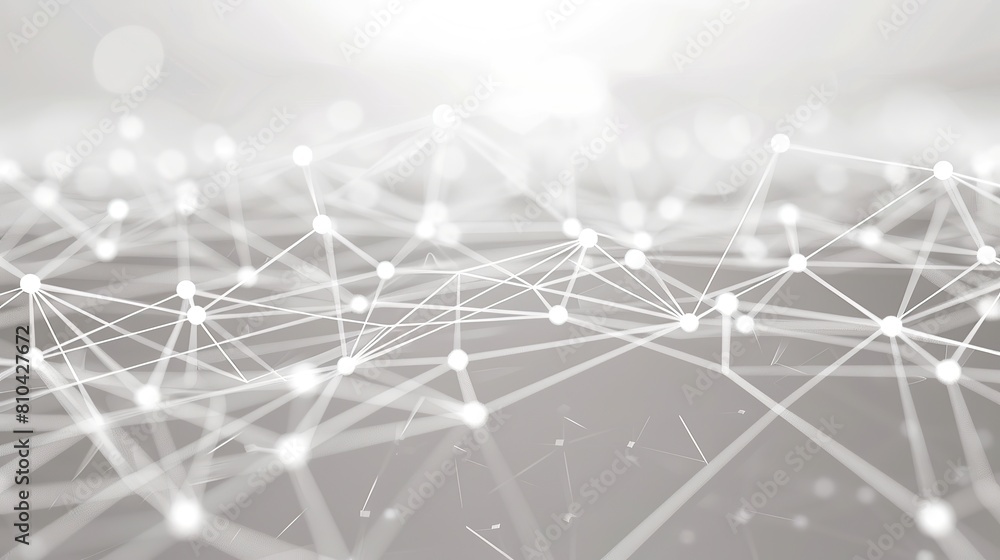 Poster a dynamic and minimalist plexus of white dots connected by thin bright lines over a soft gray canvas