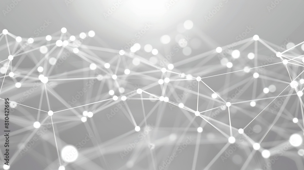 Poster A dynamic and minimalist plexus of white dots connected by thin bright lines over a soft gray canvas creating an elegant network effect with a central text area for easy readability