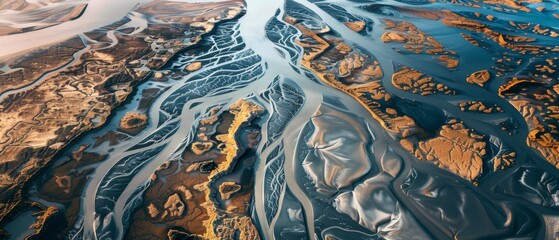 The image is an aerial view of a river delta