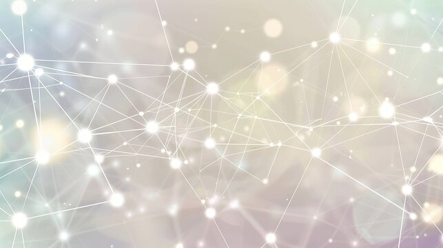 A futuristic and minimalist plexus of white dots connected by thin bright lines over a soft pastel background creating an elegant network effect with a central text area for impactful messages