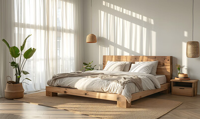 Soft morning light illuminating minimalist bedroom with wooden bed frame
