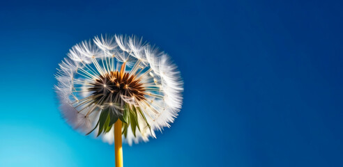 Dandelion seeds blowing away across a fresh blue background