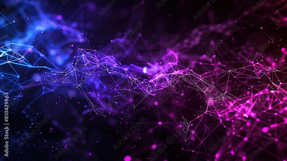 Poster a futuristic plexus of vibrant purple and blue connections sprawling across a shadowy background wit