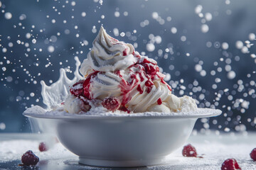 round bowl filled with of white vanilla ice cream raspberries scattered throughout the ice cream