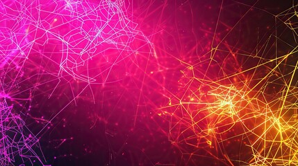 A high-energy backdrop featuring neon pink and bright yellow lines forming a vibrant plexus over a dark canvas specifically designed with a large open area on the right for text