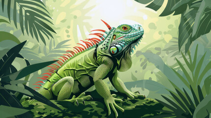 A vivid illustration of a green iguana in a dense tropical jungle, emphasizing its vibrant colors and textures.