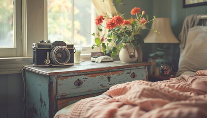 Vintage camera resting on weathered dresser beside cozy bed