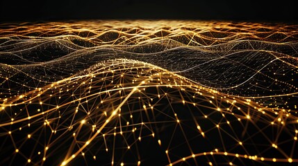 A luxurious and rich plexus of golden lines and nodes forming an intricate network over a deep black canvas designed with a large open area at the top for text