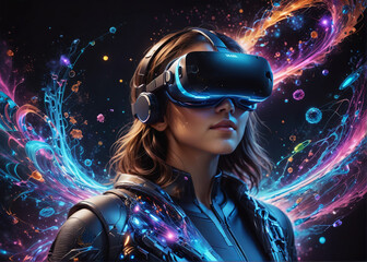 Young woman experience VR headset is using augmented reality eyeglasses