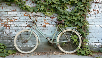 Vintage bicycle parked against a weathered brick wall covered in ivy - Powered by Adobe