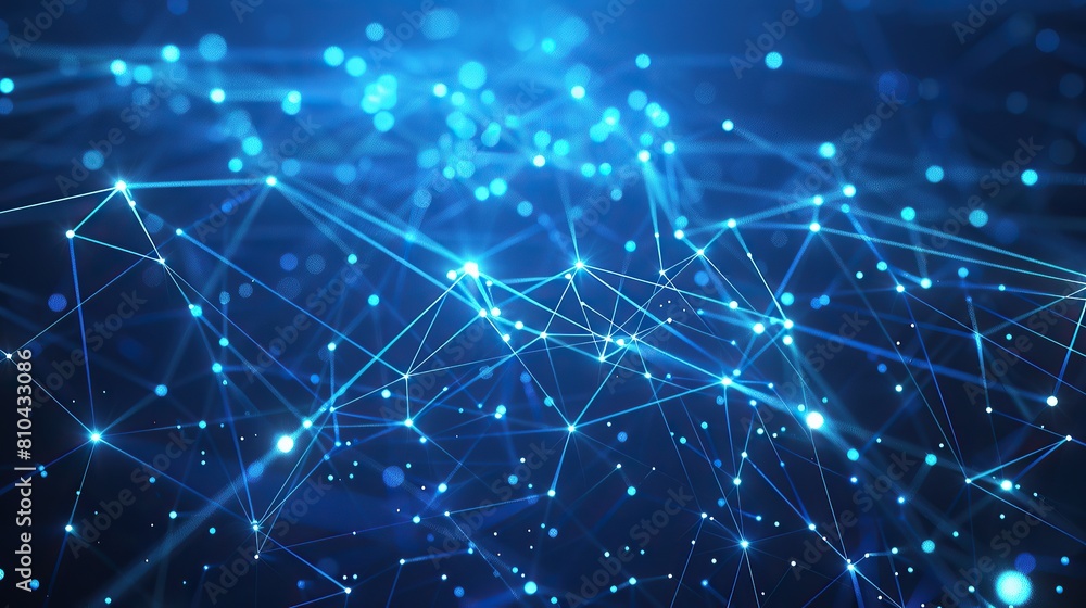 Poster a network of thin luminescent blue lines connecting small bright dots on a deep dark blue background