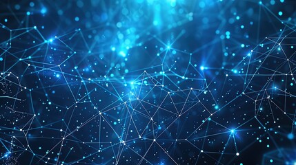 A network of thin luminescent blue lines connecting small bright dots on a deep dark blue background forming a starry night-like plexus structure with a clear unobstructed area for text
