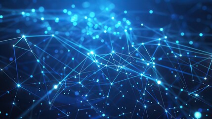 A network of thin luminescent blue lines connecting small bright dots on a deep dark blue background forming a starry night-like plexus structure with a clear unobstructed area for text