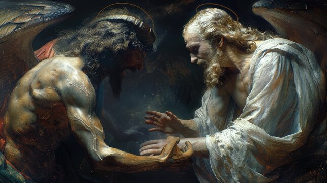 The dimension of spiritual struggle: battle between God and the devil, heaven and hell, Jesus Christ and Lucifer, dialectic of good and evil, light and darkness, inner struggle of the human spirit.