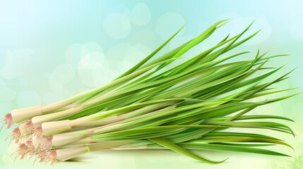 A bundle of fresh lemongrass stalks lying on a light, airy background, highlighting its green hues and freshness.