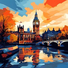Naklejka premium a painting of Sunset skyline of Big Ben abd Houses of Parliament in London