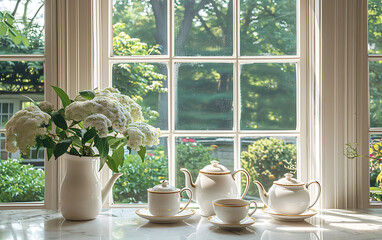 Elegant tea set arranged on a marble countertop beside a window overlooking a garden