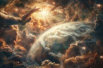 Divine creation narrative, biblical concept of God creating the world and everything in it in six days. Religion Theology