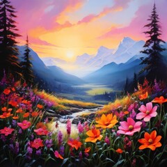 Fototapeta premium a Rendering of Pink Flower Mystical Fantasy Landscape Artwork Generative Ai Illustration