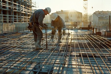 construction workers placing steel rods befor cements