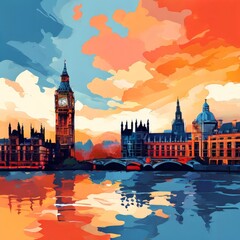 Fototapeta premium a painting of Sunset skyline of Big Ben abd Houses of Parliament in London