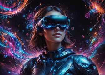 Young woman experience VR headset is using augmented reality eyeglasses