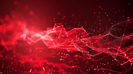 Abstract red tech background with digital waves, Dynamic network system, Artificial neural connections, Technology background.